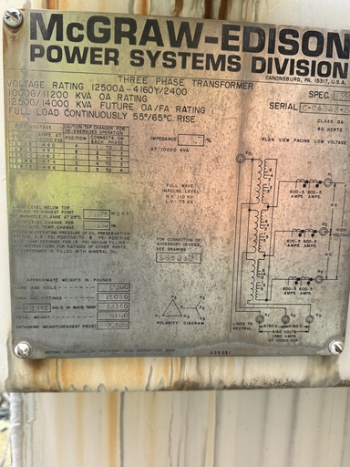 10//14 MVA McGraw-Edison, 12500D - 4160Y Oil filled Substation Transformer
