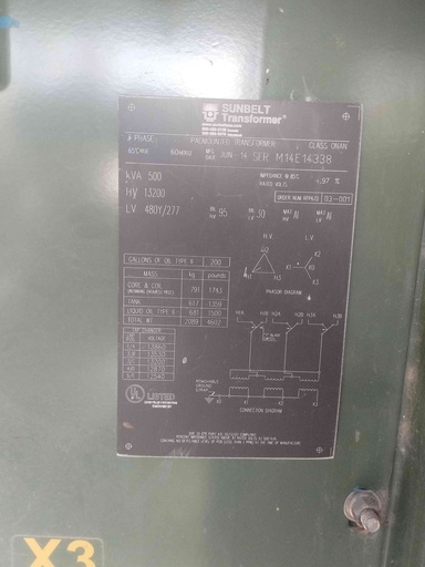 500KVA, 13200D - 480Y Padmount Sunbelt Transformer, LF/LF with Selector Switch