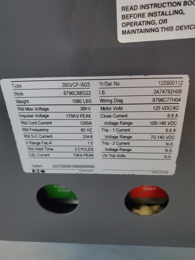 38kV 1200 Amp Eaton 380VCP-W25; Unused