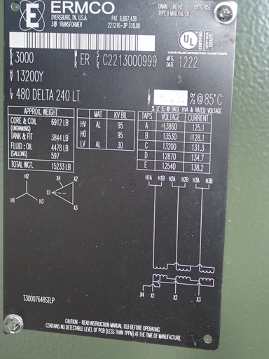 3000 KVA 13200Y 480D, ERMCO, Dead Front, Loop Feed,