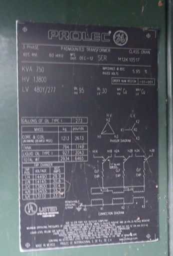 750 KVA 13800D 480Y GE Prolec Transformer, Dead Front, Loop Feed