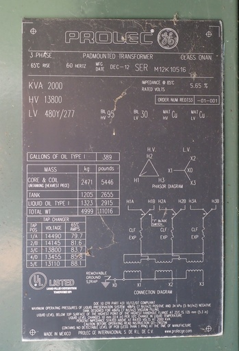 2000 KVA 13800D 480Y GE Prolec Transformer, Dead Front, Loop Feed