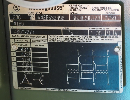 300 KVA 4160D 480Y, Westinghouse, Dead Front, Radial Feed