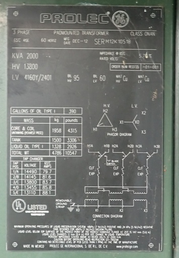 2000 KVA, 13800D 4160 Wye, GE Prolec Pad-Mount, Dead Front, Loop Feed, Copper Wi