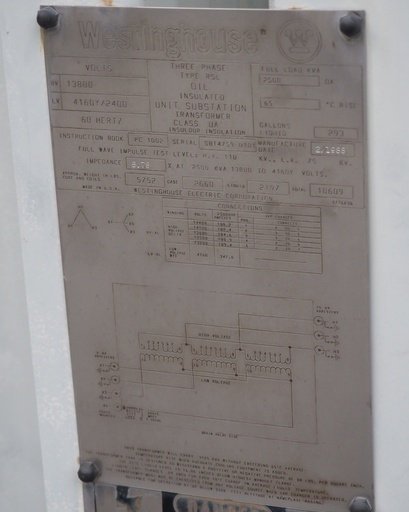 2500 KVA, 13800D 4160Y/2400, Westinghouse, Mineral Oil