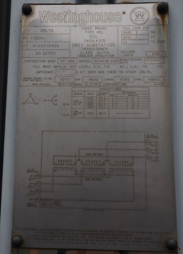 5000/6250 KVA 13800D 4160Y/2400, Westinghouse