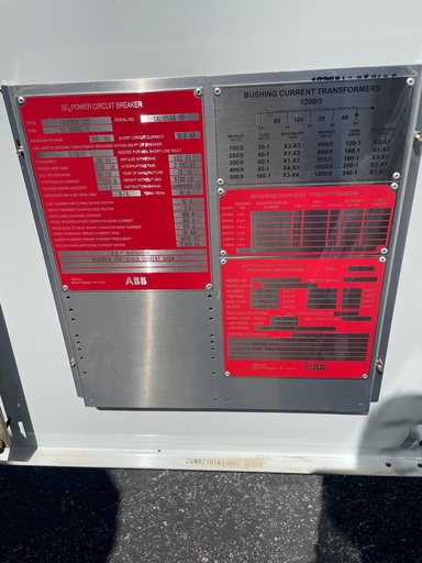 1200 Amp 145kV max ABB SF-6, 123PM31-12C, 125 VDC C+T, 31.5kA Short