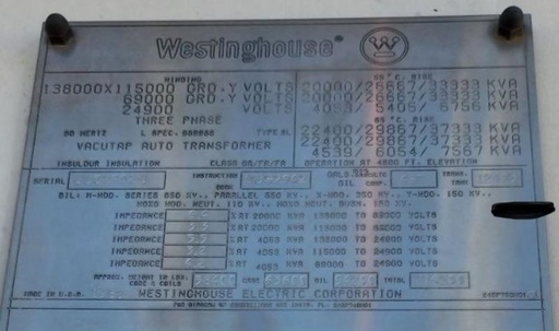 20/26.6/33.3MVA 138KV x 115KV GRDY - 69000 GRDY Westinghouse Autotransformer wit