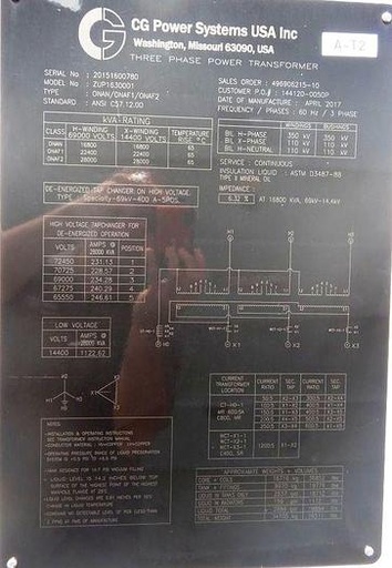 16/28 MVA 69KV Wye - 14400 D GSU CG Power Systems Substation Transformer