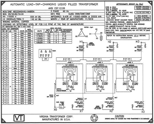 20/33 MVA 115 KV D - 6900GRDY/3984 Virginia Transformer Corp LTC Substation Tran