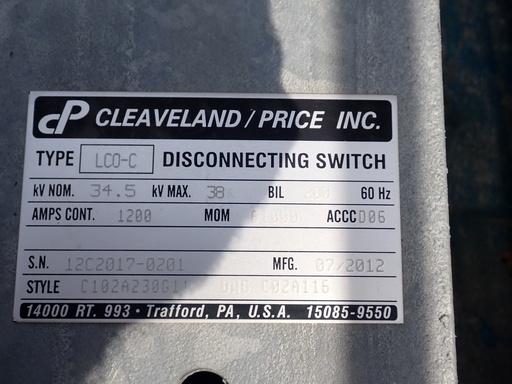 1200 Amp Cleaveland/Price 34.5 kv, Type: LCO-C, Cat No: C102A230G11, Hookstick S