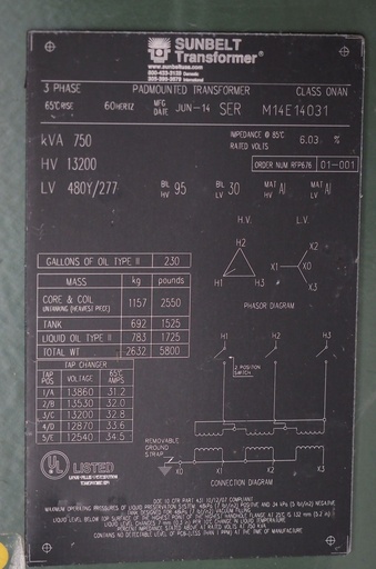 750 KVA 13200D- 480Y/277 Sunbelt Pad-mount Transformer, Live Front, Radial Feed