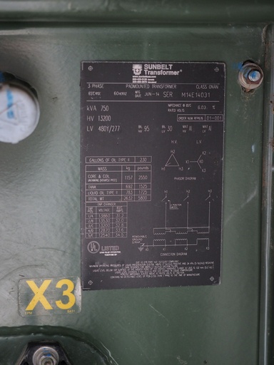750 KVA 13200D- 480Y/277 Sunbelt Pad-mount Transformer, Live Front, Radial Feed