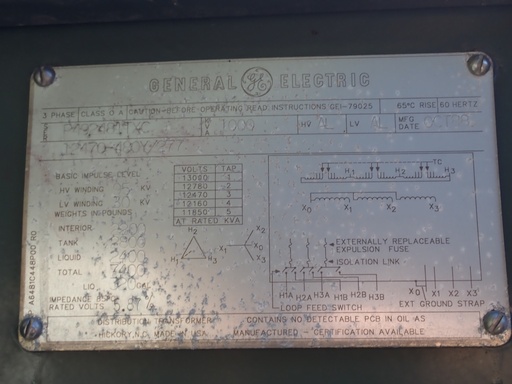 1000 KVA 12470 Delta 480Y/277 GE Pad-Mount Transformer, LF/LF
