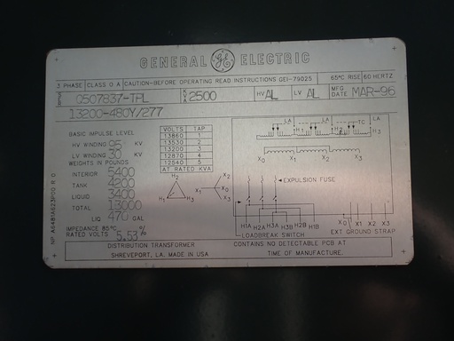 2500 KVA 13200 Delta 480Y/277 GE Pad-Mount Transformer, DF/RF