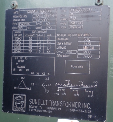 75 kVA 13200 Delta 208Y/120 GE Padmount Transformer, LF/RF