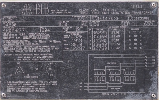 1500 KVA 34500 Delta 480Y/277, ABB Substation, Bio-Temp