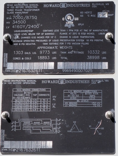 7000/8750 KVA Howard Industries 34500 Delta 4160Y/2400, Envirotemp