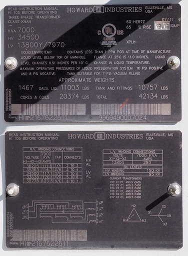 7000 KVA Howard Industries 34500 Delta 13800Y/7970, Envirotemp