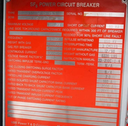2000 Amp, ABB, No. 145 PMI 40-20, 145000 V., 1993, 40kA Short, HMB-1.5 Mech
