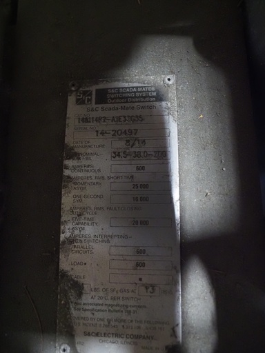 600 Amp 34.5 kV S&C Scada-Mate Switches, 38 kV Max, Cat No: 148114R2-A1E33G35, P