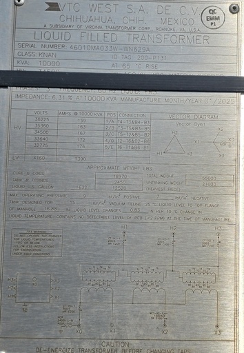 10 MVA 34500 D - 4160Y/2402 Virginia Transformer Substation Transformer