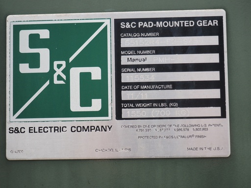600 Amp 17 kV S&C Pad-Mount Switchgear, PMH-9, Cat No 55152R4-F2-S459