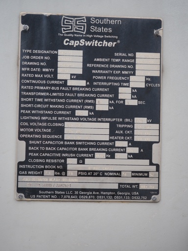 600 Amp 72.5 kV Southern States CapSwitcher, CAP-72, 125 VDC C&T,