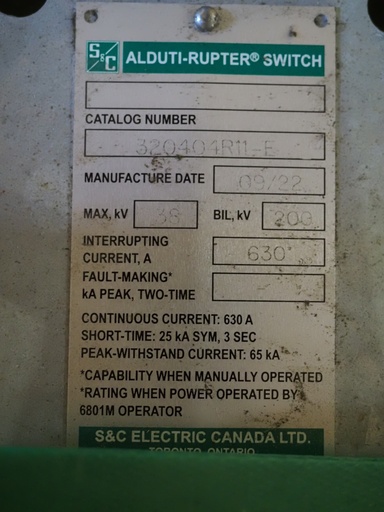 630 Amp 38 kV S&C Gang Operated Switch, Cat No 320404R11-E, Inverted Mount, Doub