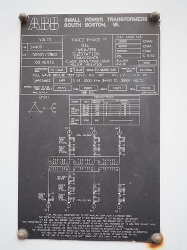 12MVA 34400D - 13090Y ABB Substation Transformer