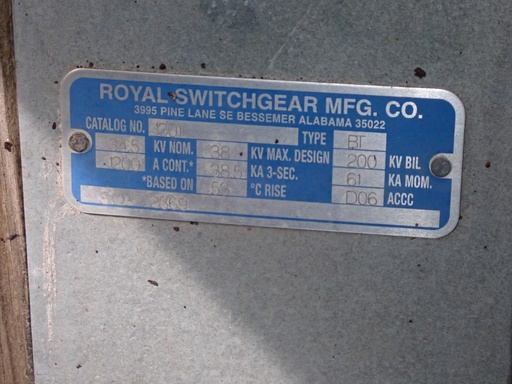 1200 Amp 38 kV Royal Switchgear Hookstick , Type: BT, Cat No 13011, Underhung Mo