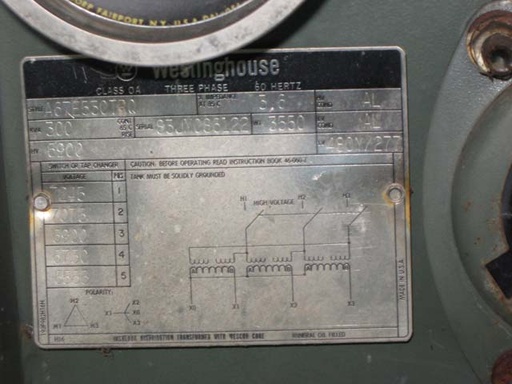 300 KVA, Pri. 6900 V, Sec. 480 V, Y, OA, WESTINGHOUSE, PADMOUNT, OIL;-1