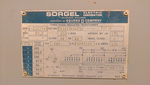 37.5 KVA, Pri. 480 D, Sec. 208Y/120, AA, SORGEL/SQUARE D, 150* C;
