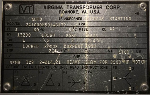 3500 KVA, 13200 V, 1990, AA, VIRGINIA, AUTO TYPE, INDOOR DRY, 2.4% IMP;-1