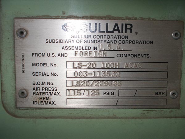 Sullair No. LS-20-100 ,825 CFM, Rotary Screw w/refrigeration air cooler, New 1998