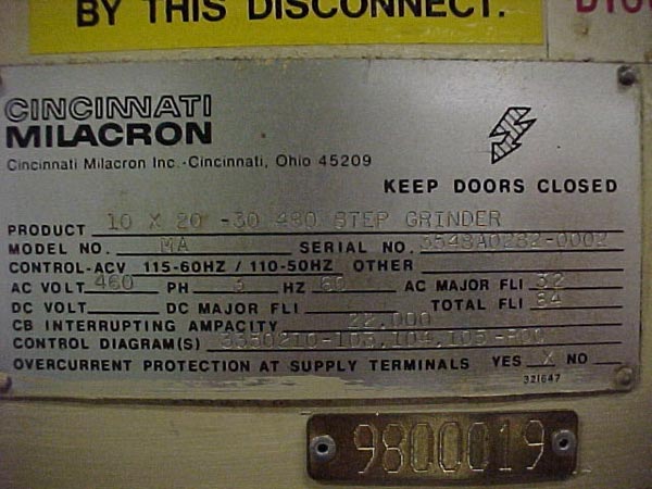 10 x 20 , Cincinnati, No. 10X20/30 Series 480-MA, Angle Head CNC Grinder, Acra 700G,1982