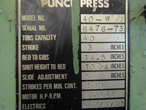 40 TON ROCKFORD MODEL #40-W OPEN BACK INCLINABLE SINGLE CRANK PRESS