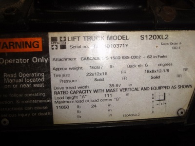 12,000# HYSTER FORK LIFT TRCUK