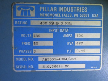 400 KW PILLAR INDUSTRIES MK8 INDUCTION HEATING POWER SUPPLY