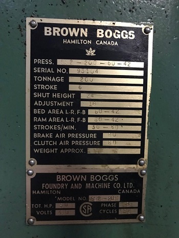 200 TON BROWN BOGGS SS2-200-60-42 STRAIGHT SIDE PRESS