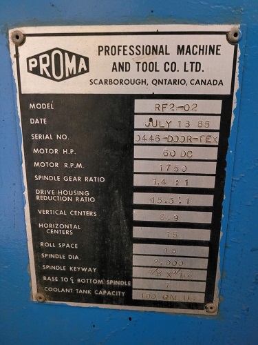 22 STAND X 2 ARBOR PROMA #RF2-02 ROLL FORMER W/ CUTOFF