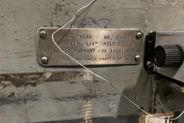 6' X 1/4 CINCINNATI MDL # 1806-R MECHANICAL SQUARING SHEAR