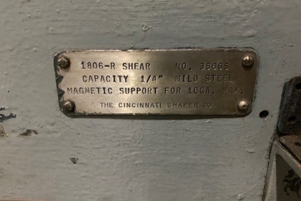 6' X 1/4 CINCINNATI MDL # 1806-R MECHANICAL SQUARING SHEAR