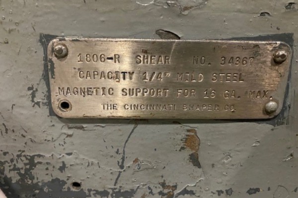 6' X 1/4 CINCINNATI MDL # 1806-R MECHANICAL SQUARING SHEAR