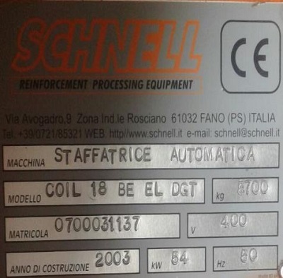SCHNELL COIL 18 BE EL DGT STIRRUP BENDER