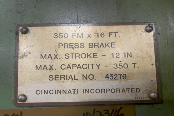 350 TON X 18' CINCINNATI #350FM-16 HYDRAULIC PRESS BRAKE
