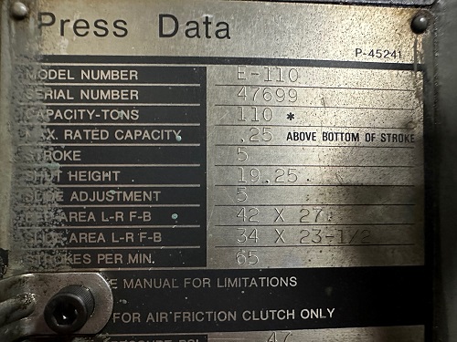 110 TON NIAGARA E-110 MECHANICAL GAP FRAME PUNCH PRESS