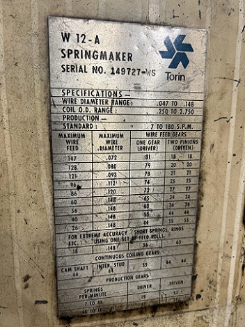 TORRINGTON MODEL #W12A WIRE SPRING COILER / COIL MAKING MACHINE