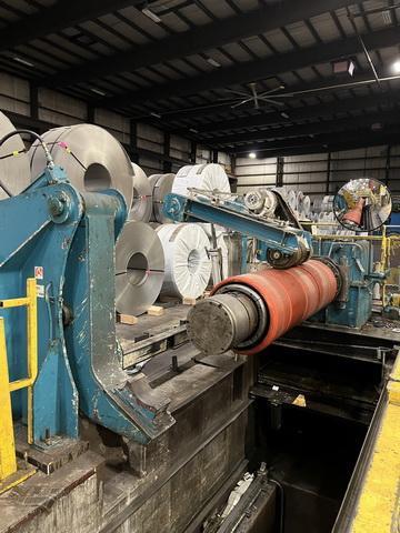 72 x 60,000# Uncoiler with Hold Down Roll and Mandrel Support Arm