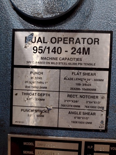 95 TON SCOTCHMAN MODEL #95/140-24M DUAL OPERATOR HYDRAULIC IRONWORKER